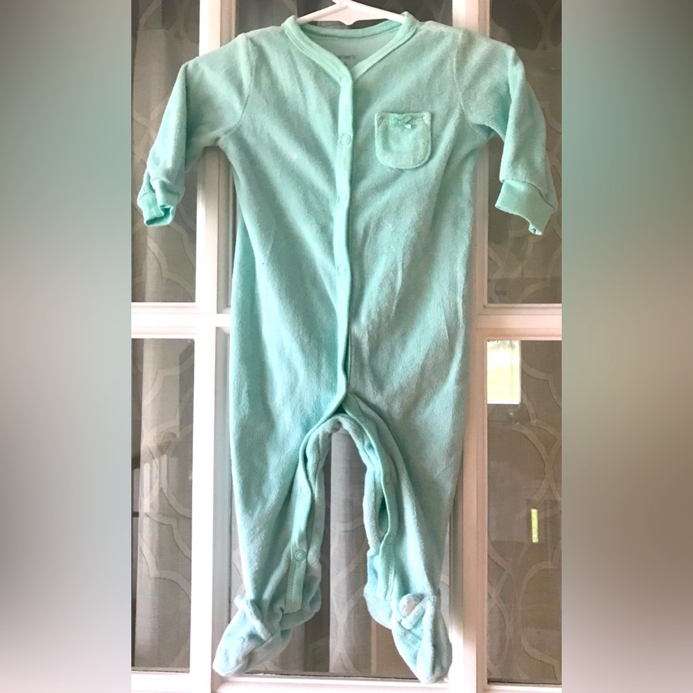 Carter’s size 6 months light blue terrycloth footie sleep n play turn me around